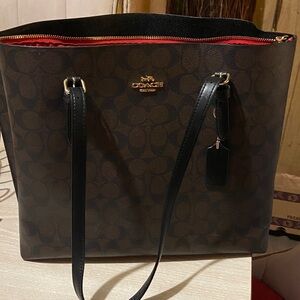 Coach Brown Signature Tote with Black Straps and Red Lining